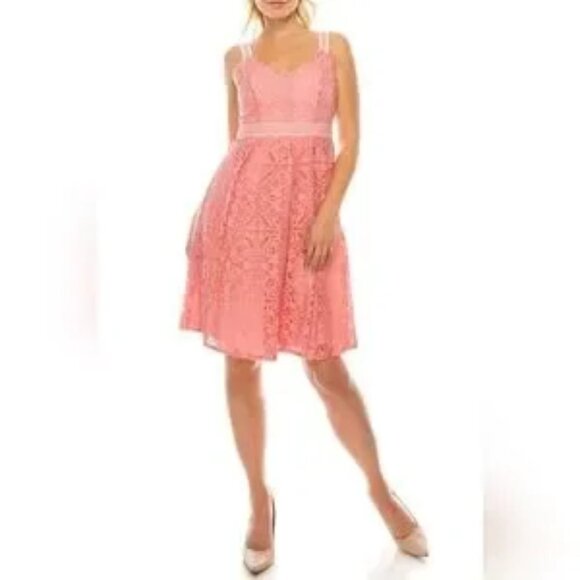 ADRIANNA PAPELL FULL LACE EYELET PLEATED KNEE LENGTH CORAL PINK DRESS SIZ… - Picture 1 of 16